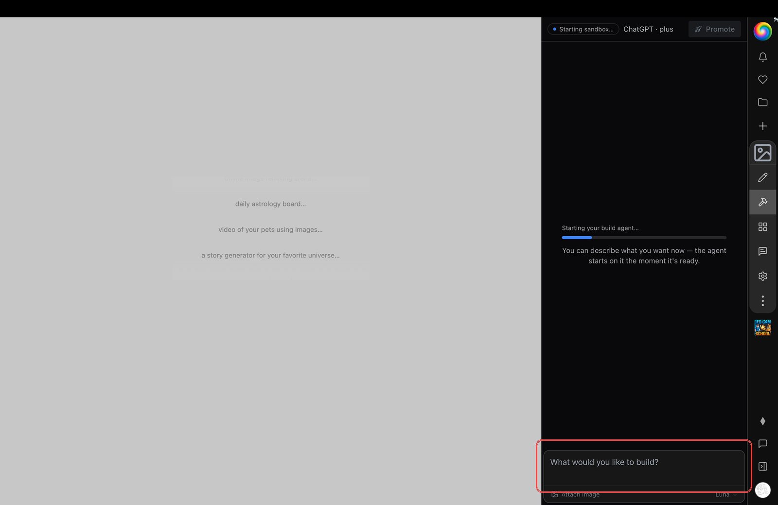 The build agent starting up, with the ChatGPT badge and the prompt box highlighted