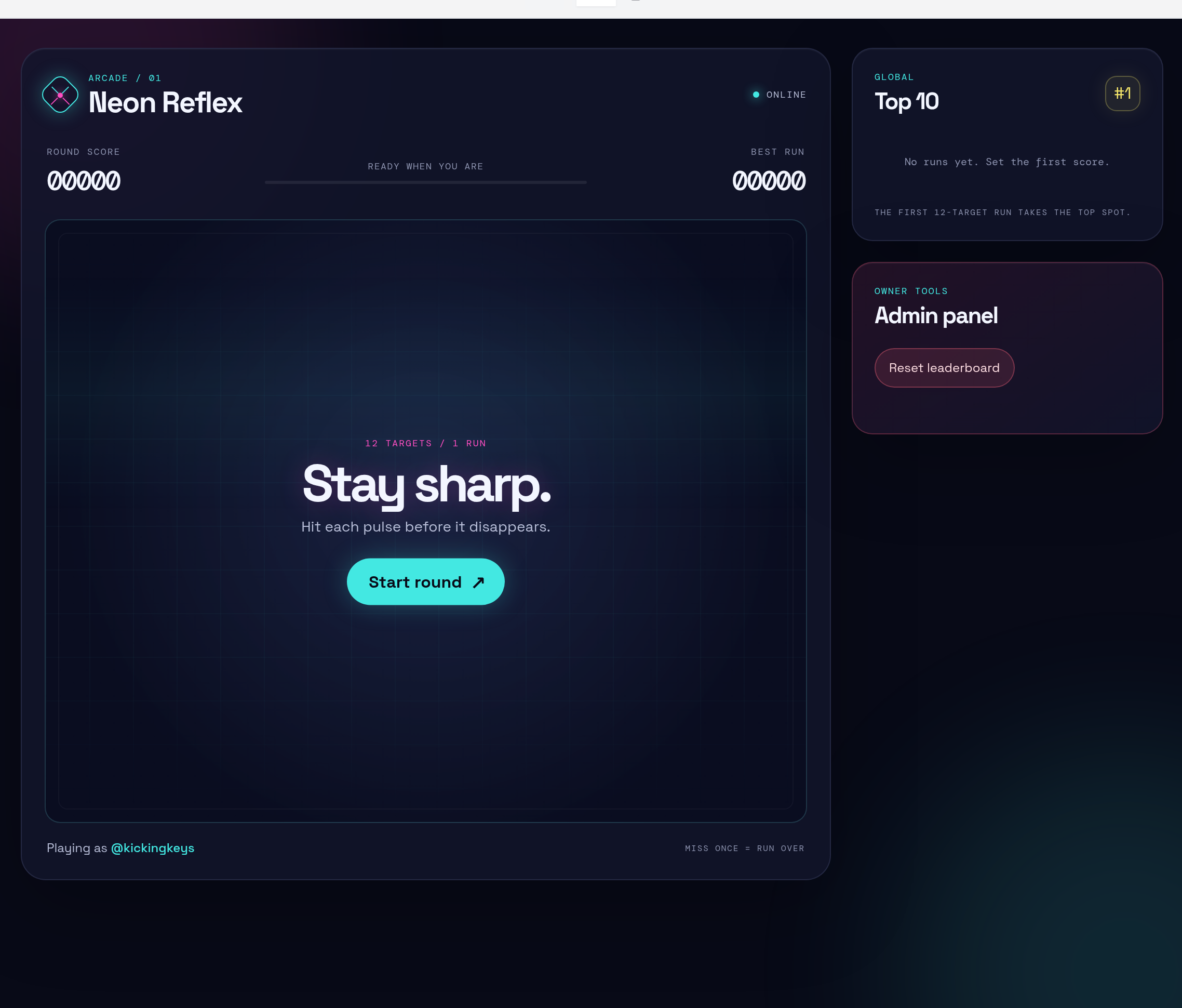 An arcade game with a server-kept leaderboard and an owner-only admin panel