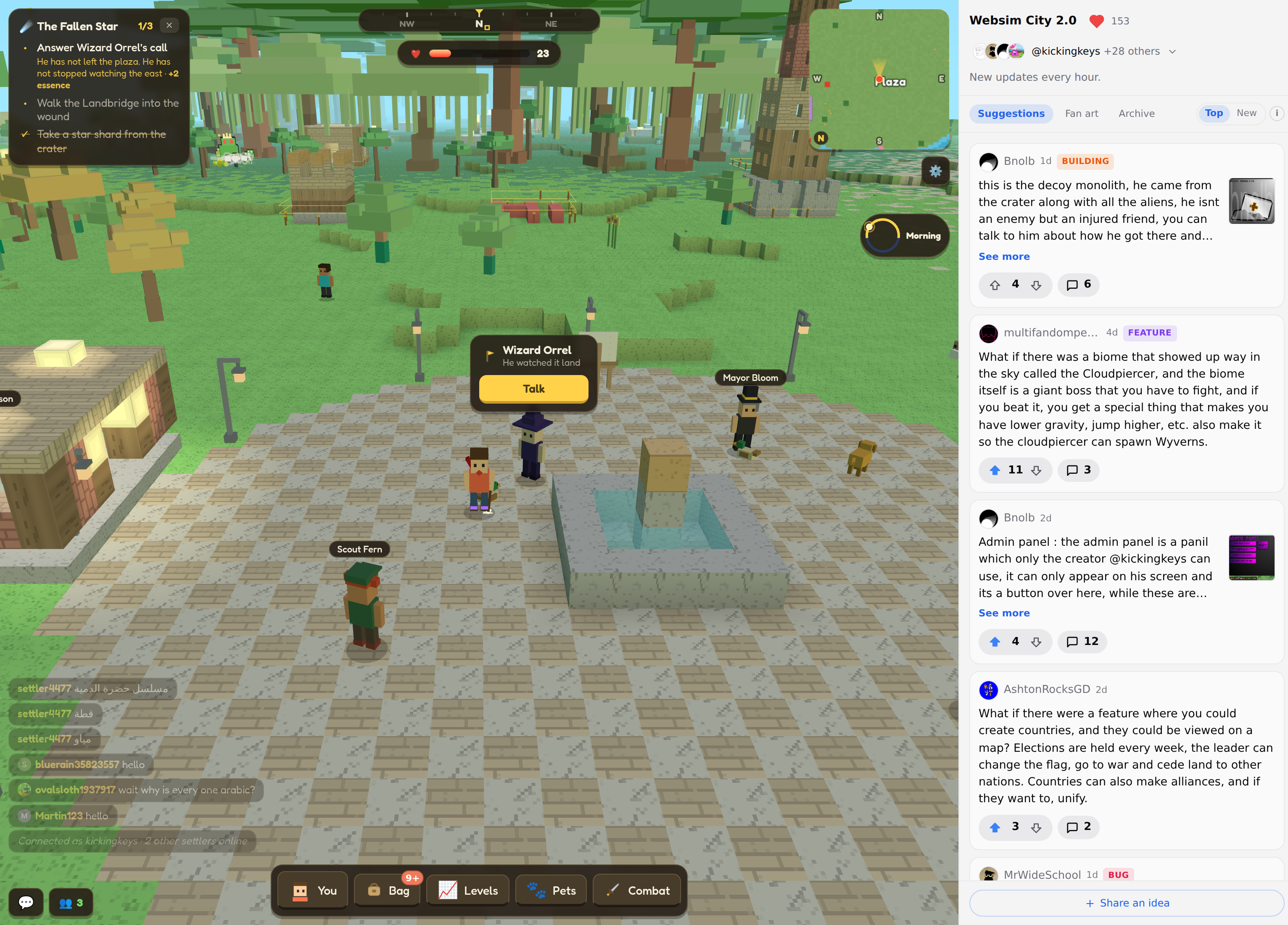 Websim City 2.0 with its suggestions board open