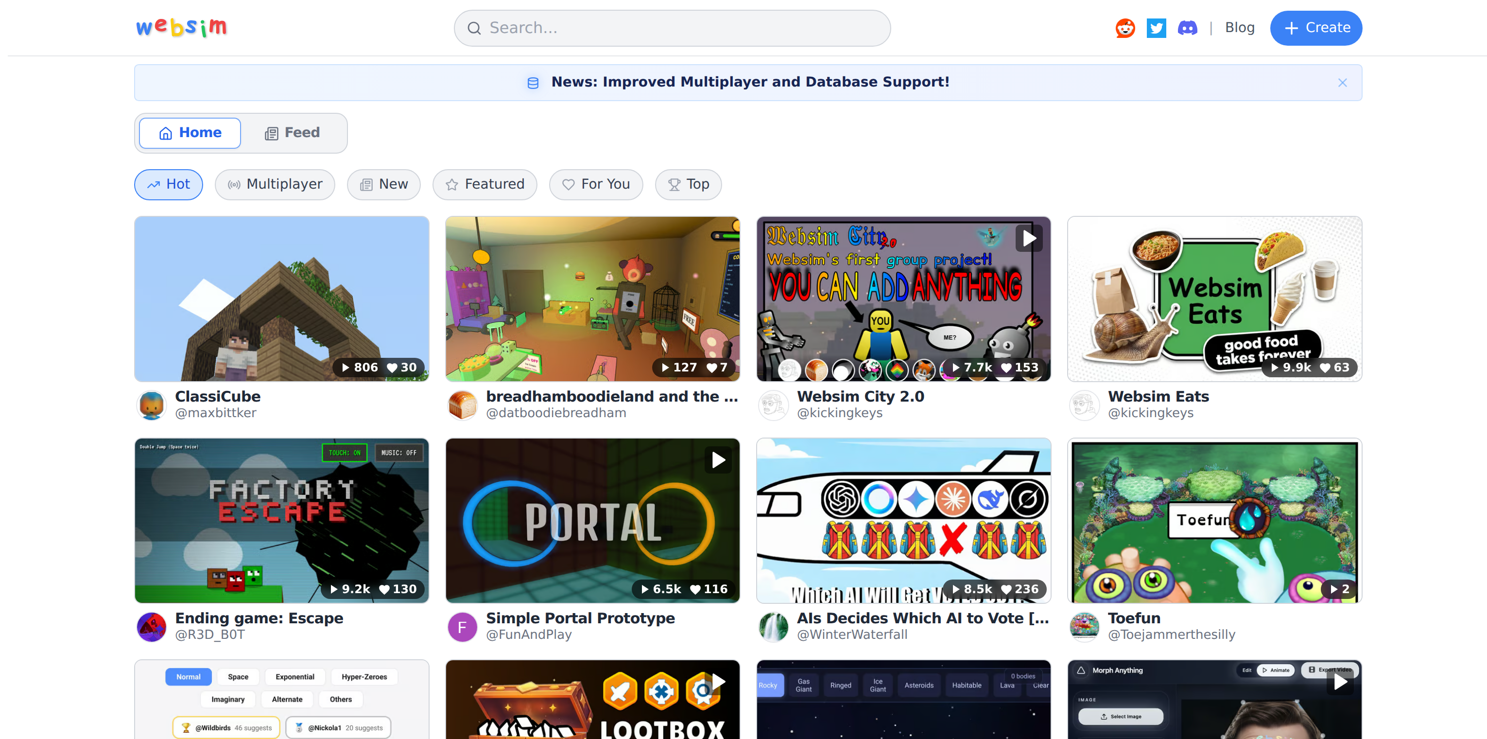 The Websim homepage on the Hot tab