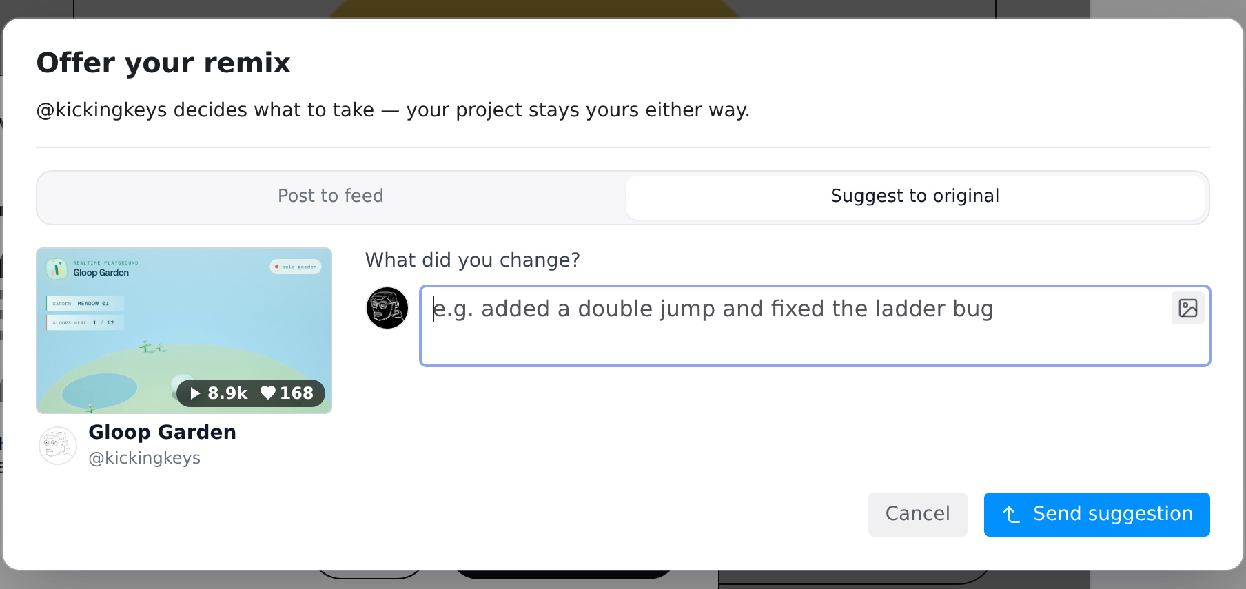 The Offer your remix dialog with Suggest to original selected