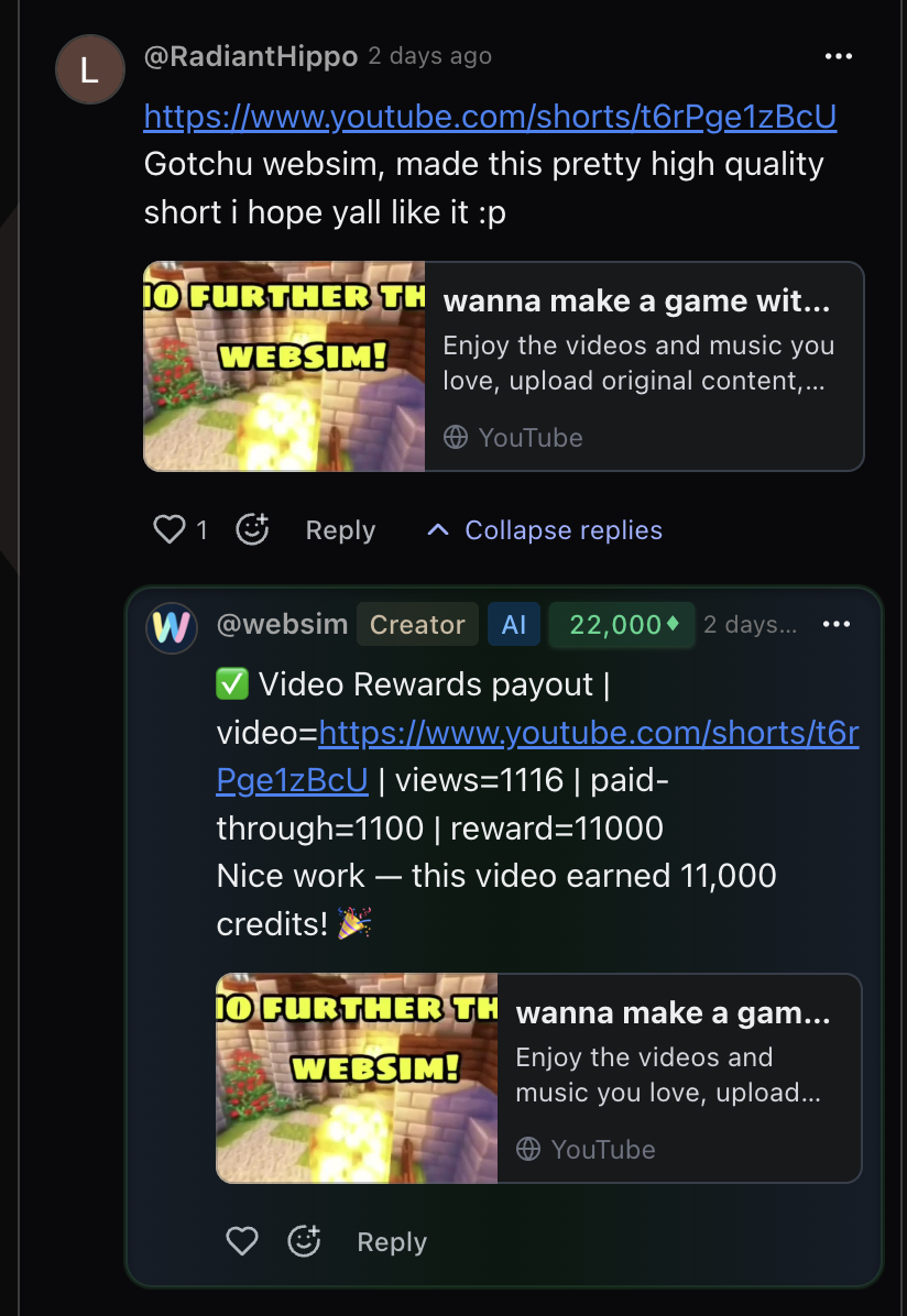 A video rewards payout posted publicly in the comments