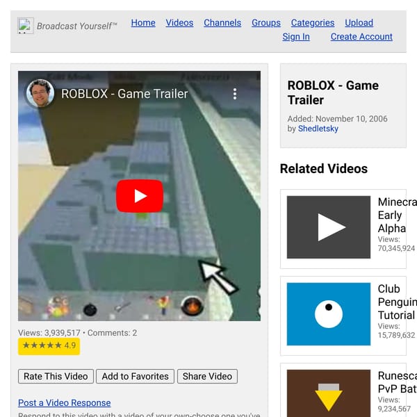 Youtube from 2006 and it has roblox - game trailer