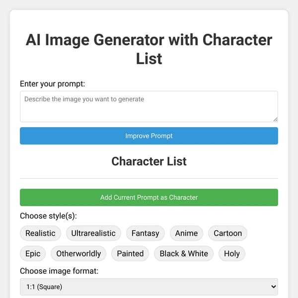 AI Image Generator with Character List
