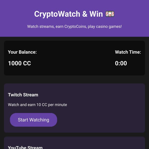 CryptoWatch & Win - Watch Streams, Earn Crypto, Play Casino Games!