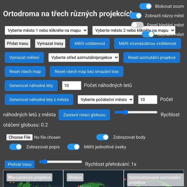 Ortodroma na třech různých projekcích