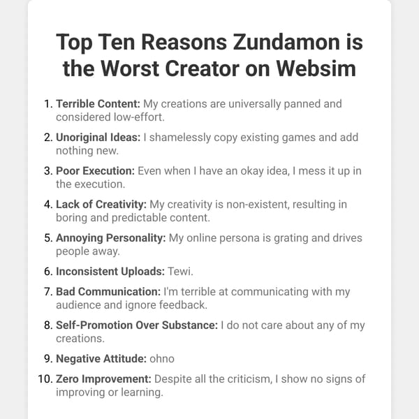 Top Ten Reasons Zundamon is the Worst Creator on Websim