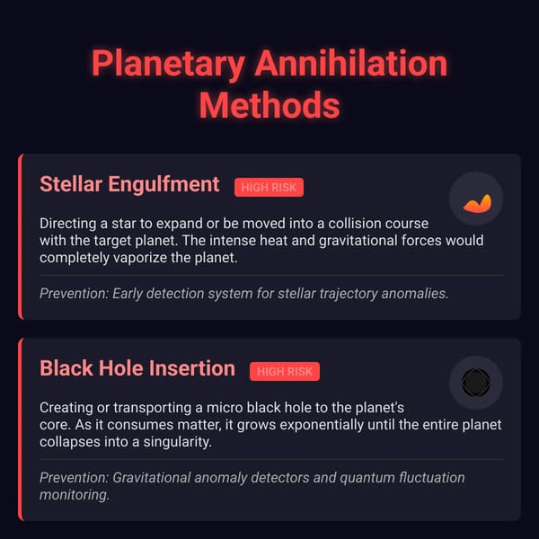 Planetary annihilation methods: comprehensive list