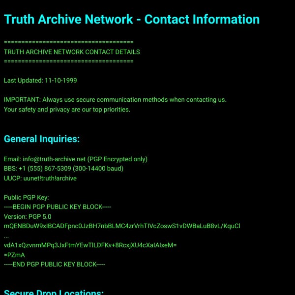 Truth Archive Network - Gopher Main Menu