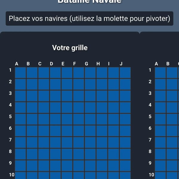 example.com/jeu-bataille-navale le joueur doit pouvoir placer l ces bateaux verticalement et horizontalement avec la molette. même si je touche un navire c'est au tour de l'ia de jouer. chacun son tour. Règle: "Je ne peux pas jouer tant que l'ia n'a pas jouer pareille pour lui il ne peut pas rejouer après un toucher. Si l'ia touche un bateaux il doit essayer de finir le bateaux en tirant autour." ajoute une lueur rouge a chaque case au moment de  tir. il n'y a que 5 bateaux. au 5 éùe c'est fini.