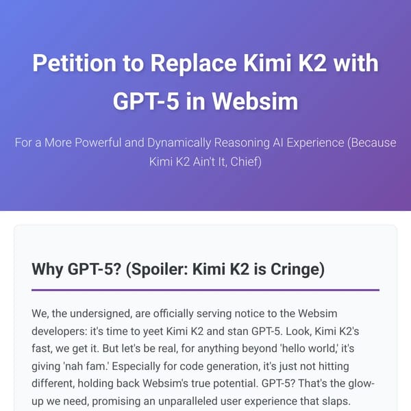 Petition to Replace Kimi K2 with GPT-5 in Websim
