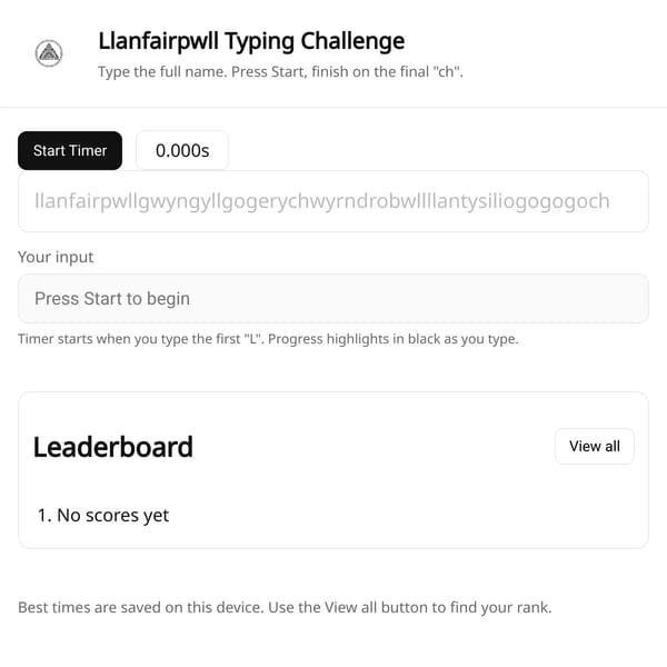 Llanfairpwll Typing Challenge