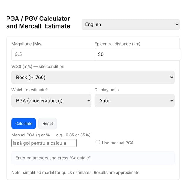 Calculator PGA / PGV → Scara Mercalli
