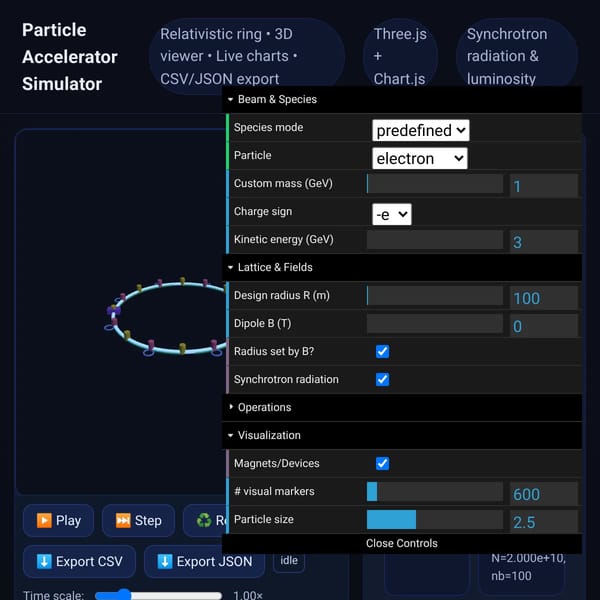 Particle Accelerator Simulator — 3D Viewer + Physics + Charts