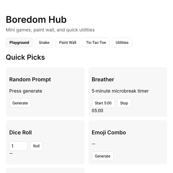 Boredom Hub — Mini Games & Utilities