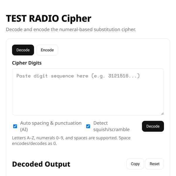 TEST RADIO Cipher — Decoder/Encoder