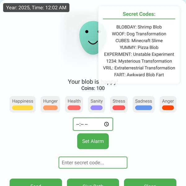 Take Care of Your Friendly Blob! Now with Secret Codes!