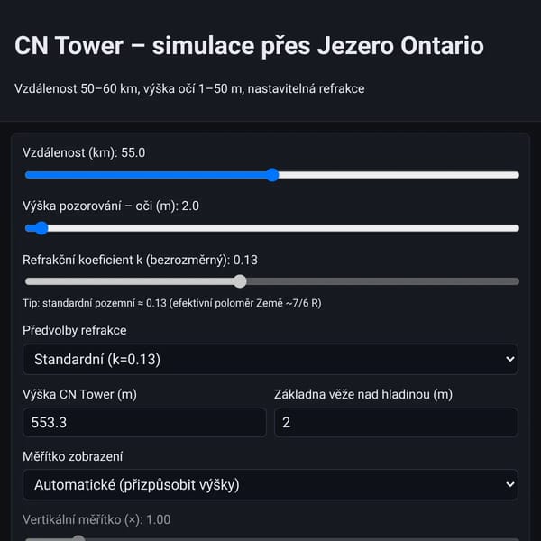 Kalkulačka pozorování CN Tower přes jezero Ontario