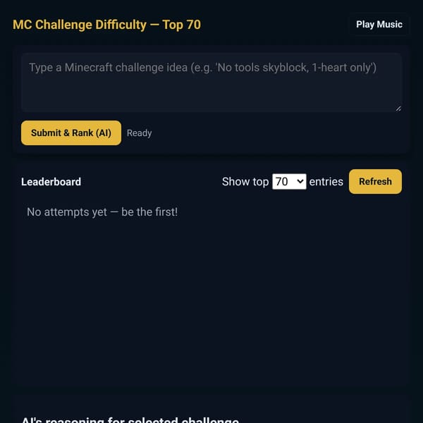 Minecraft Challenge Difficulty Leaderboard