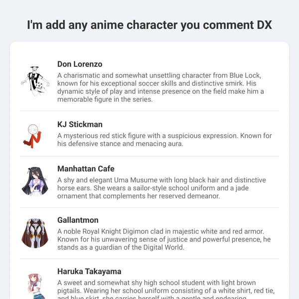 I'm add any anime character you comment DX!