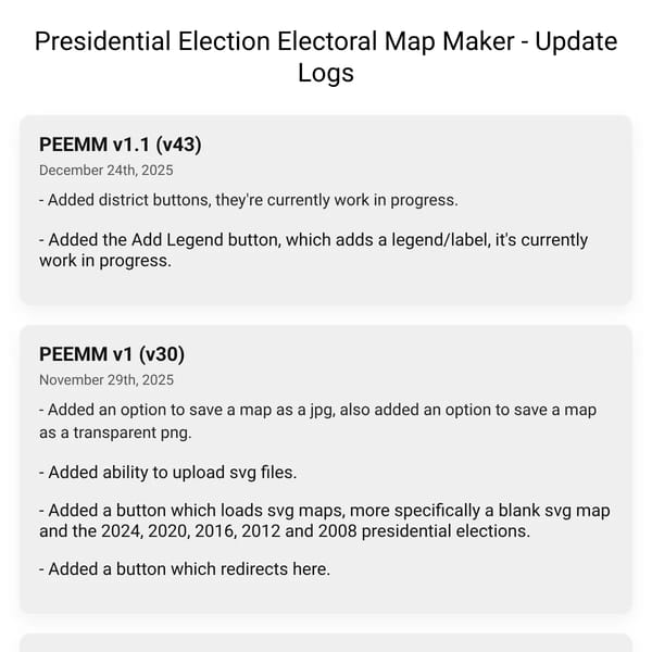 Presidential Election Electoral Map Maker - Update Logs