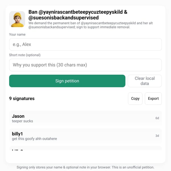 Request review for @teeperville — Petition