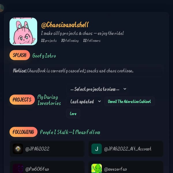 Chaosinanutshell Profile!!!!!!!!!!!! (I guess)