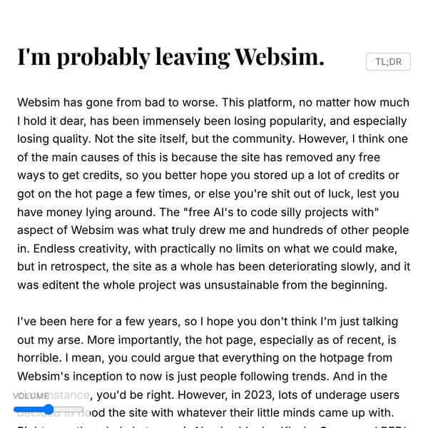 I'm probably leaving Websim.