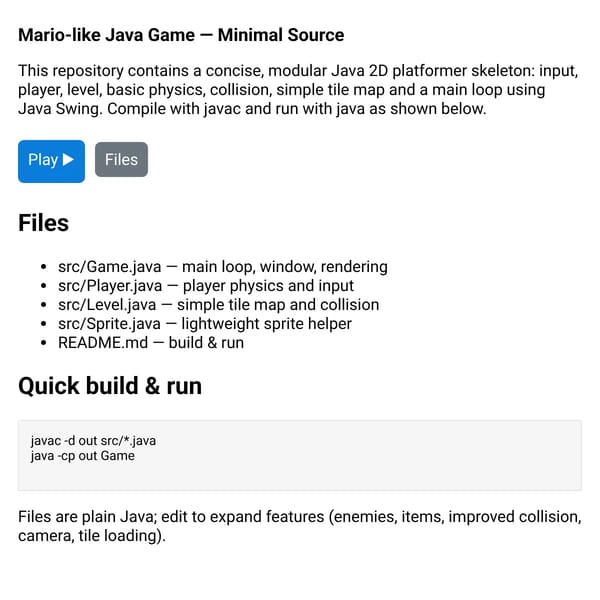 Mario-like Java Game — Minimal Source
