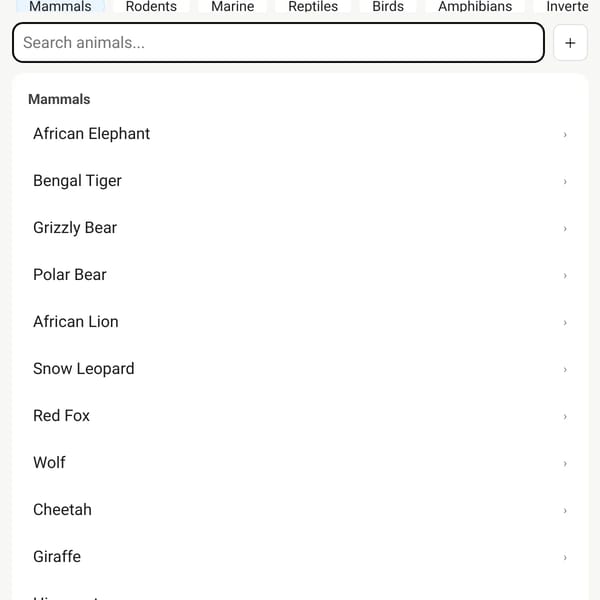 A list of animals