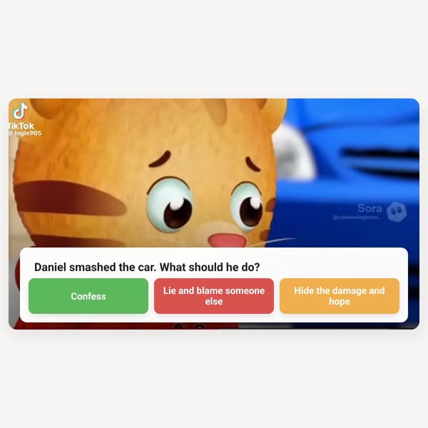 Interactive video decision page (choose how Daniel responds after damage)