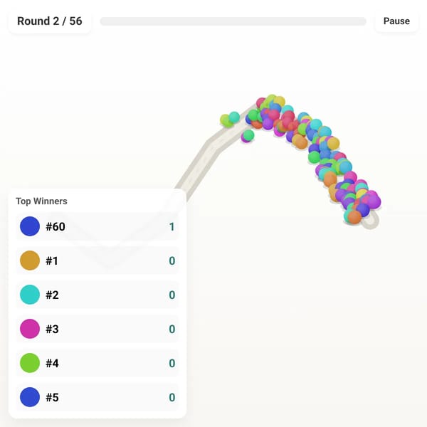 Marble Race - 112 marbles · 56 rounds · 2 winners