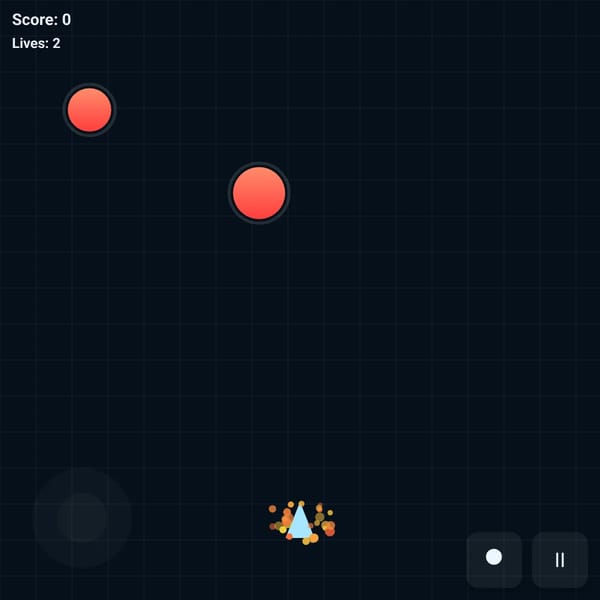 Canvas game page with HUD score/lives, mobile joystick, and shoot/pause controls