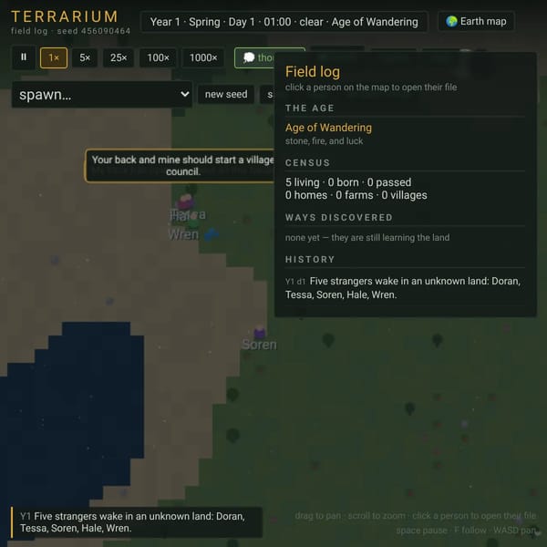 terrarium, world simulation (yes this is fully ai, i used actual claude for this)