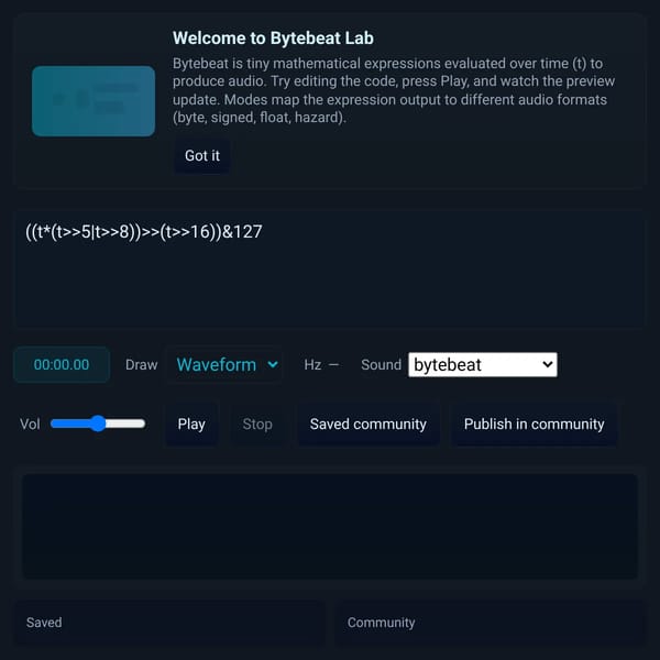 Bytebeat code playground (Saved & Community lists)