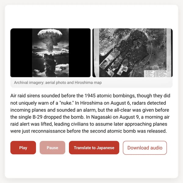Historical note and audio (Air raid sirens in Hiroshima and Nagasaki, 1945)