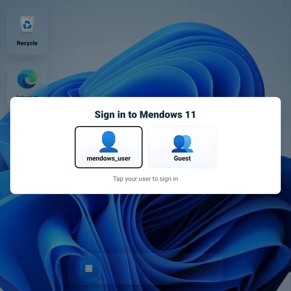 Mendows 11B (Windows-style desktop mockup)