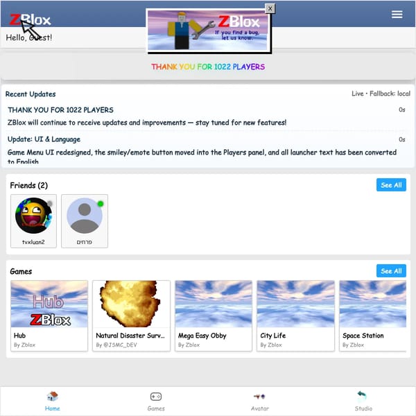 ROBLOX / ZBlox Web Launcher (Home, Games, Avatar, Shop, Studio, In‑Game UI)
