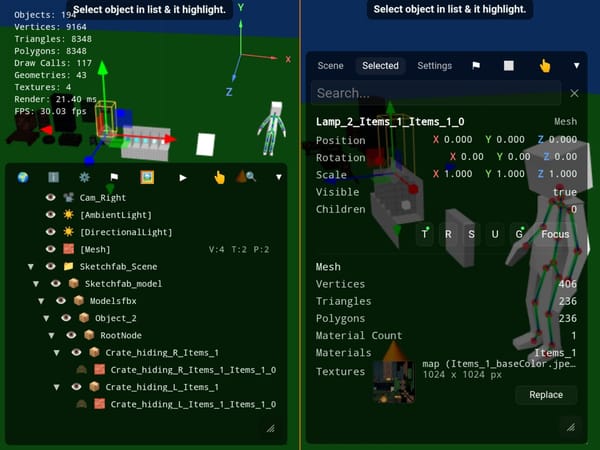 scene hierarchy. outliner, inspector, statistics.