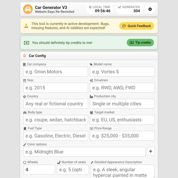 Car Generator V3 - Websim Days Re-Revisited