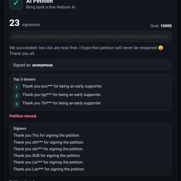 AI Petition — Bring back a free Websim AI