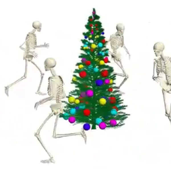 skeletons running around trees but the song is twins at the carousel