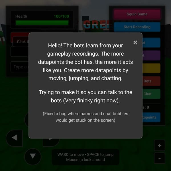 Roblox but you can add bots (free)(you can now add infinity bots and make bots and personality and make clone bots)(Added Verity)