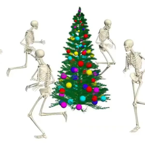 Skeletons running around the chirstmas tree