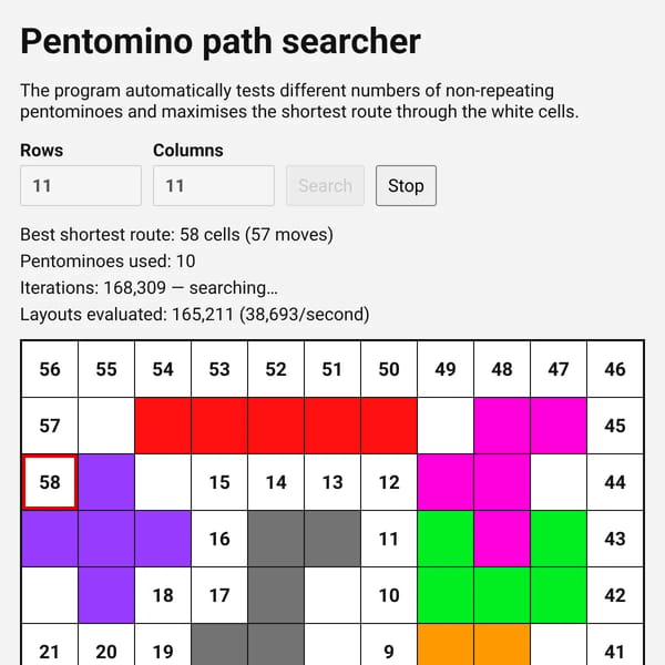 Pentomino path searcher